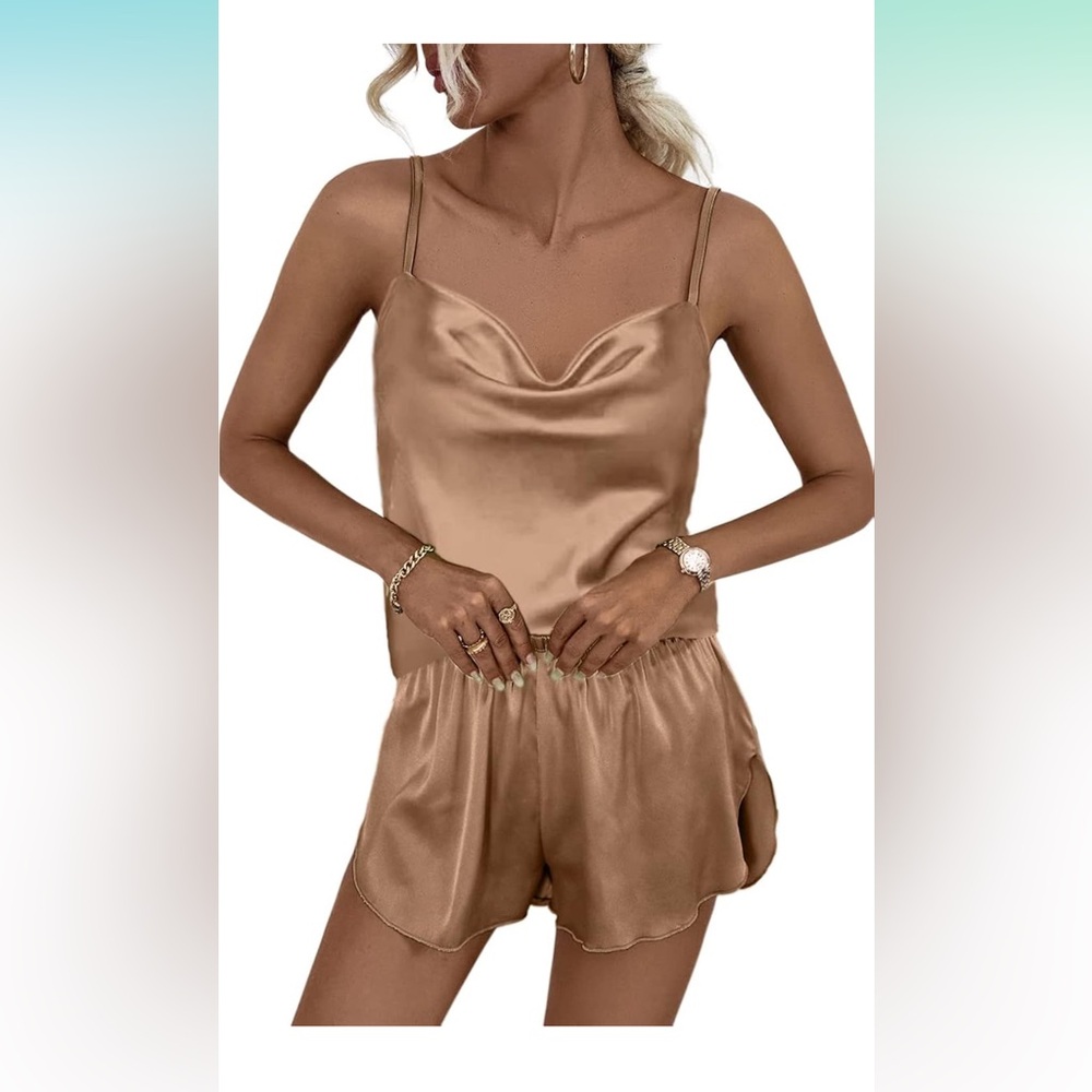 Women's Sexy Silk Satin Cowl Neck Pajamas Sets Cami Shorts PJ Sets Lingerie